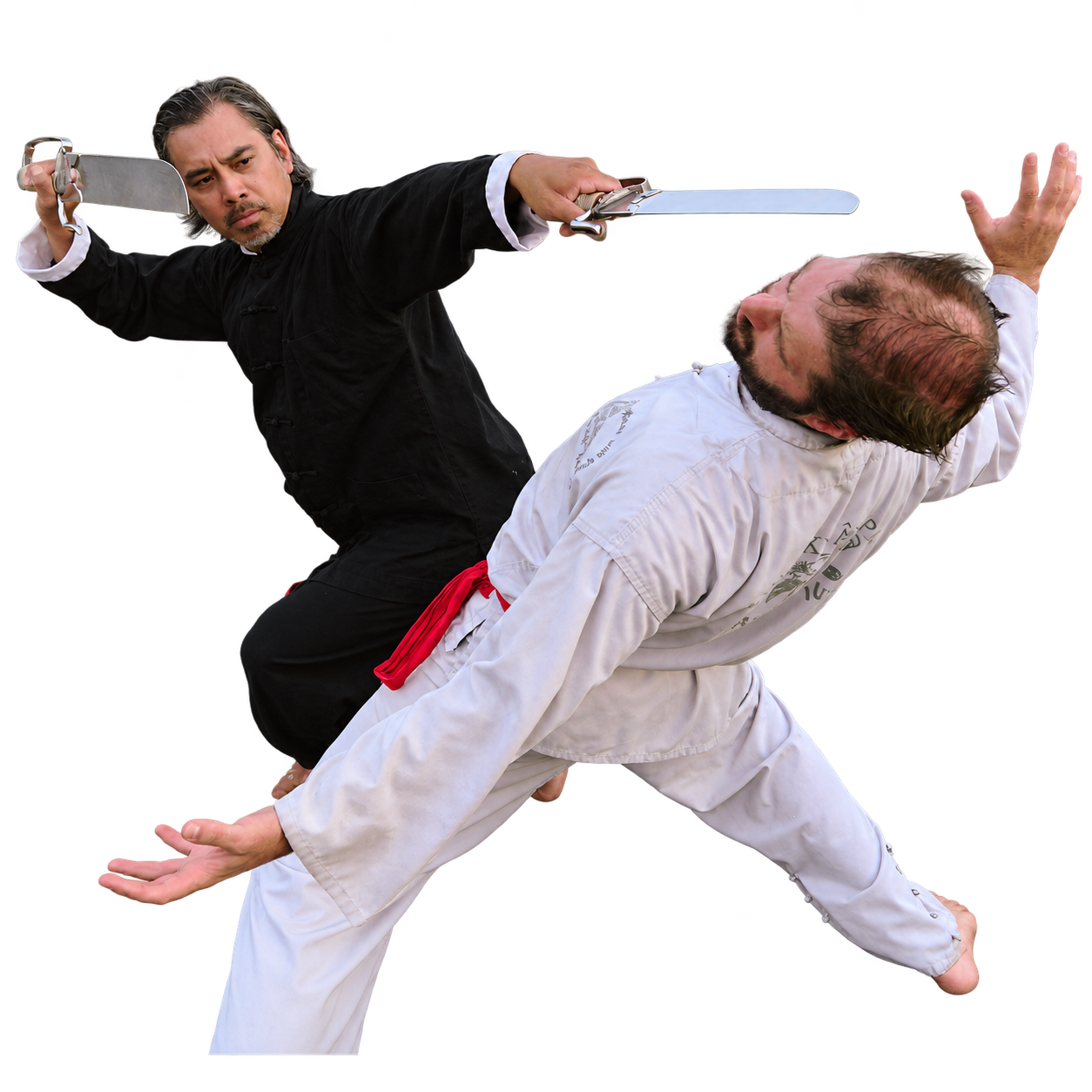 Deux pratiquants de kung fu démontrent une application avec des couteaux papillon en extérieur