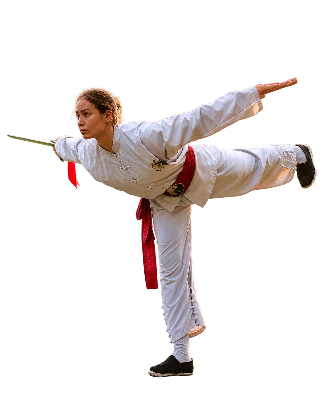 Pratiquante de Wing Chun en équilibre, une jambe levée