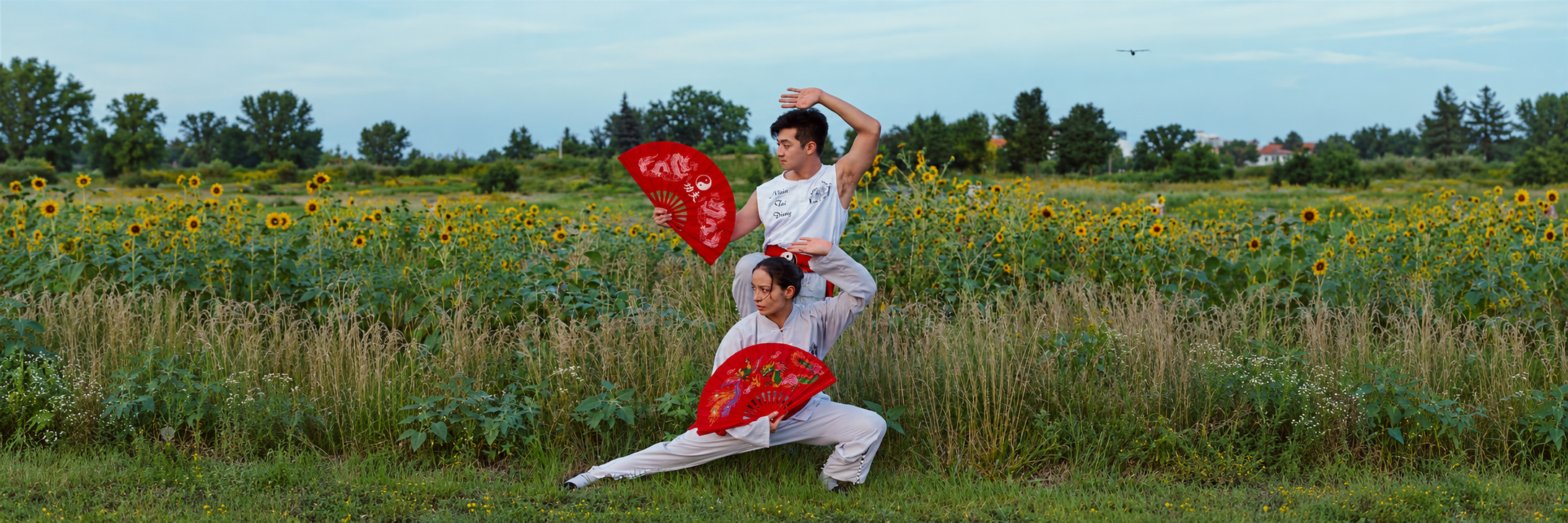Deux pratiquants de Wing Chun exécutent des mouvements avec des éventails rouges